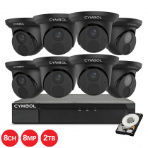 Cymbol kit de 8 canaux IP avec 8 caméras tourelles noires et de 8 MP, 1 NVR à 8 canaux et 1 disque dur de 2 TB