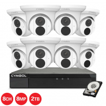 Cymbol kit de 8 canaux IP avec 8 caméras tourelles blanches et de 8 MP, 1 NVR à 8 canaux et 1 disque dur de 2 TB