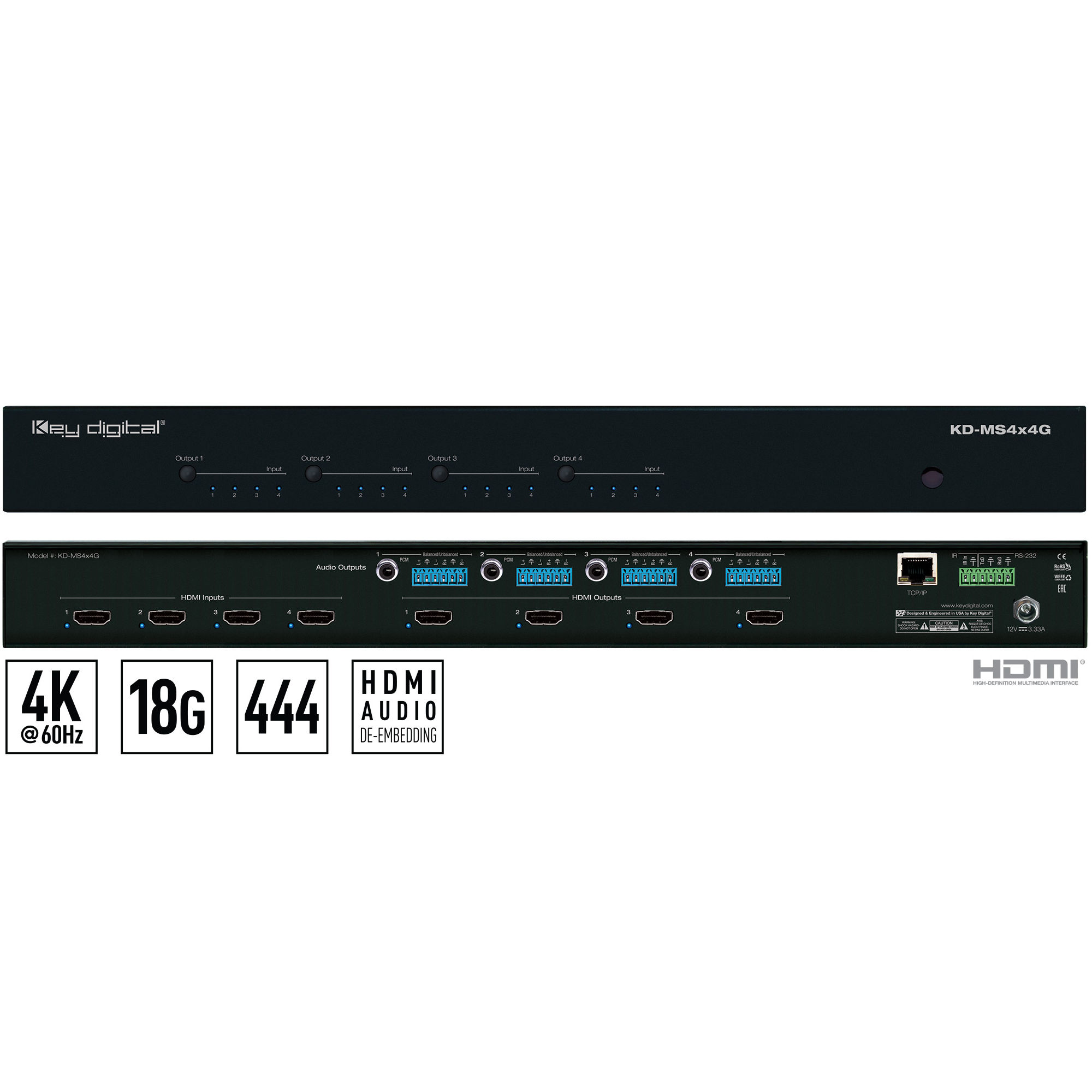 Key Digital 4x4 4K/18G HDMI Matrix Switch