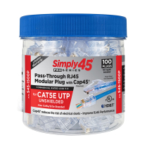 Simply45® ProSeries Cat5e Unshielded Pass-Through RJ45 Modular Plugs with Cap45® 100 pc/Jar – Blue Tint