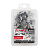 Simply45® ProSeries Cat5e Solid Shielded Pass-Through RJ45 Modular Plugs with Cap45® 50 pc Clamshell – Blue Tint