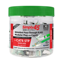 Simply45® ProSeries Cat6 Shielded External Ground Pass-Through RJ45 Modular Plugs with Cap45® 50 pc/Jar – Green Tint