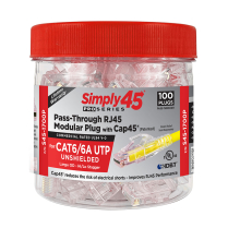 Simply45® ProSeries Cat6/6a Unshielded Pass-Through RJ45 Modular Plugs with Cap45® 100 pc/Jar – Red Tint