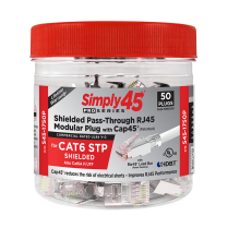 Simply45® ProSeries Cat6/6a Shielded External Ground Pass-Through RJ45 with Cap45® & Bar45® 50 pc/Jar – Red Tint