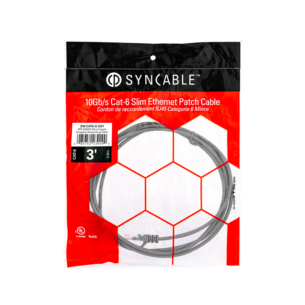 SynCable RJ 45 CAT-6 10Gb/s Molded Super Slim Patch Cable - 3ft - Grey