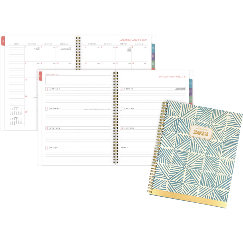 AT-A-GLANCE® Badge Geo Weekly/Monthly Planner 11” x 9” Bilingual Teal/Gold