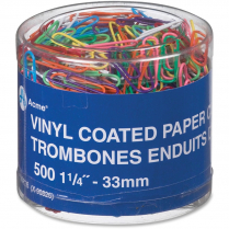 PAPER CLIPS ACME VINYL COATED 1-1/4" 500/PACK ASSORTED COLOURS