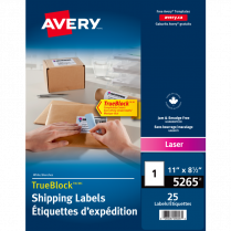 Avery® TrueBlock™  Shipping Labels 8-1/2" x 11" Laser / Inkjet 25/pkg