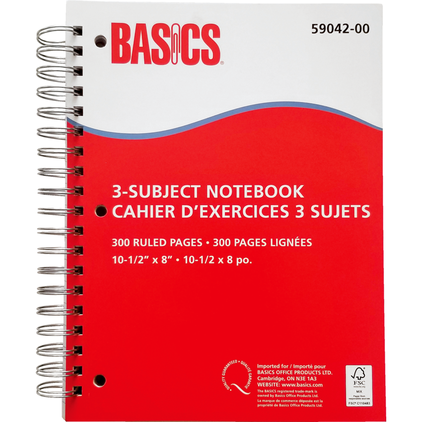 Basics® 3Subject Notebooks 101/2" x 8" 300 pages Red 5/pkg Monk Office