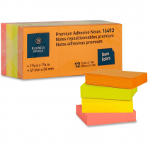 Business Source Premium Adhesive Notes 1-1/2" x 2" Neon 12/pkg