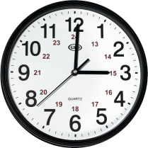 Geo Wall Clock 12" 12/24 Hour Black/Red Numbers