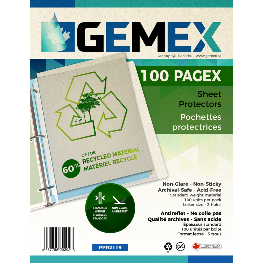 SHEET PROTECTOR LETTER 2MIL RECYCLED 100B GEMEX PAGEX Monk Office