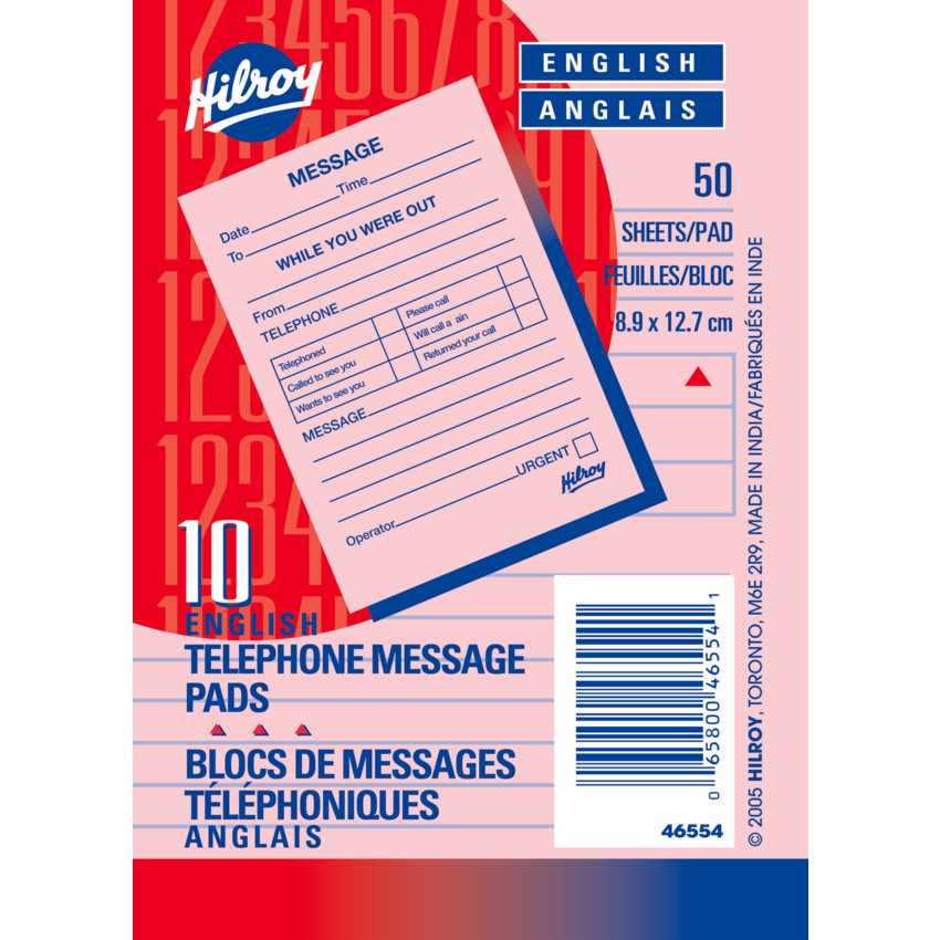 Hilroy Telephone Message Pad 31/2" x 5" 50 sheets English 10/pkg Monk