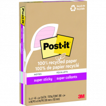 Post-it® 100% Recycled Paper Super Sticky Notes Lined 4" x 6" Assorted Wanderlust Pastel Colours 4 pads/pkg