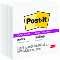 Post-it® Super Sticky Notes Cubes 3" x 3" White 5/pkg