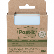 Post-it® 100% Recycled Paper Super Sticky Notes 3" x 3" 70 sheets per pad Assorted Wanderlust Pastel Colours 5 pads/pkg