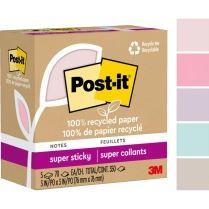 Post-it&reg; 100% Recycled Super Sticky Notes 3"x3" 70 sheets per pad Wanderlust 5/pkg
