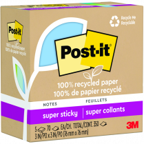 Post-it® 100% Recycled Super Sticky Notes 3" x 3" 70 sheets per pad Assorted Oasis Colours 5 pads/pkg