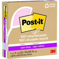 Post-it® 100% Recycled Paper Super Sticky Notes Lined 4" x 4" 70 sheets per pad Assorted Wanderlust Pastel Colours 3 pads/pkg