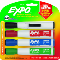 Expo® Magnetic Dry Erase Markers with Eraser Assorted Colours 4/pkg