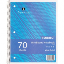 Sparco Wire Bound Notebook 3-Hole 70 Sheets College Ruled 8" x 10-1/2" Assorted Colours