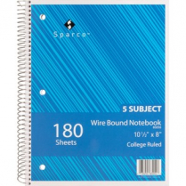 Sparco Wire Bound Notebook 3-Hole 5-Subject 180 Sheets College Ruled 8" x 10-1/2" Assorted Colours