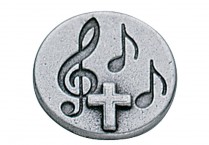 PEWTER CIRCLE PIN W/ CLEF/CROSS/NOTES