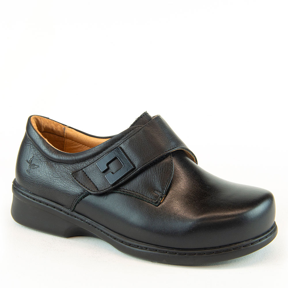 Black stretch leather velcro shoes for women