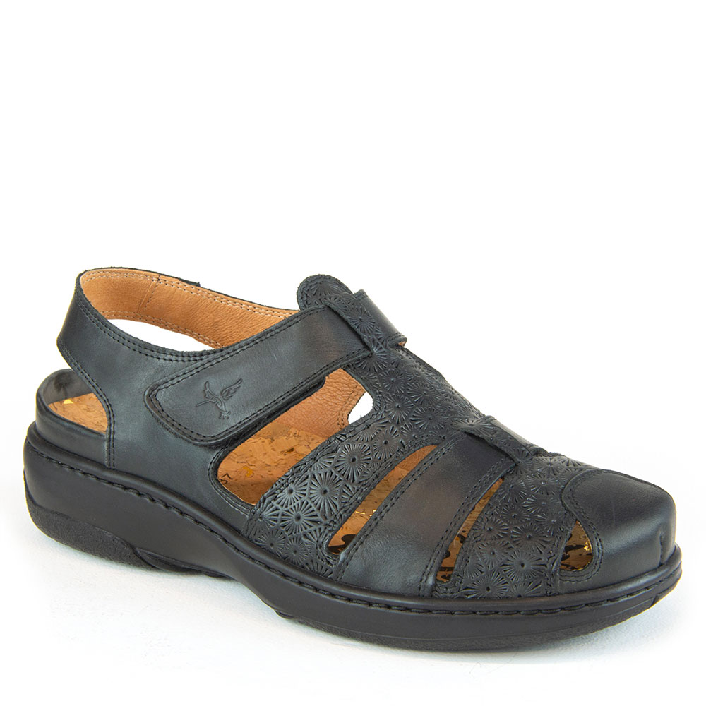 Black leather closed sandals for women