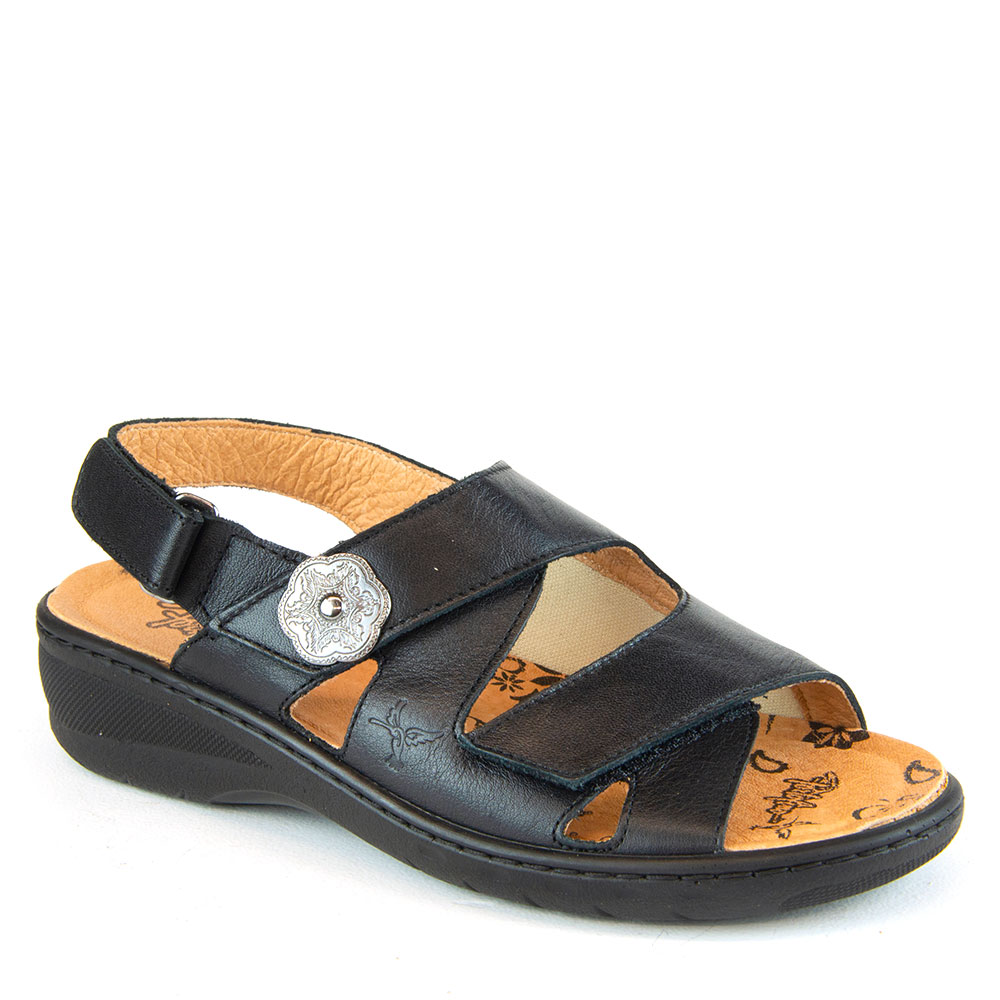 Black stretch leather velcro sandals for women