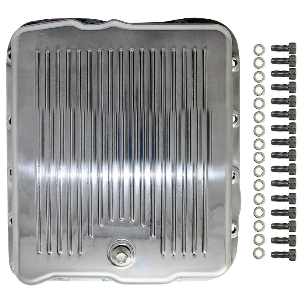 Racing Power Company R8492 Polished Aluminum Finned Transmission Pan - TH400, Stock Depth, With Gasket & Hardware